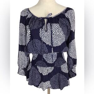 Daniel Rainn Blue White Floral 3/4 Sleeve Boho Blouse Size M